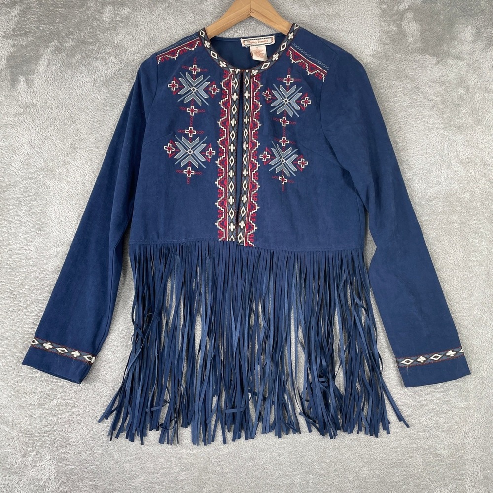 Flying Tomato Faux Suede Fringe Jacket Womens Medium Blue Western Embroidered